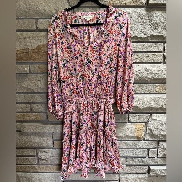 Love stitch Pink Floral Smocked Waist Tiered Ruffle Dress with Tassel Tie Medium - Picture 3 of 12